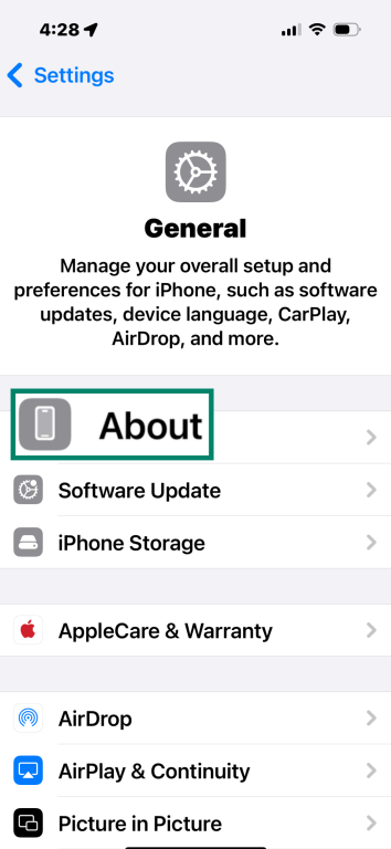 General settings menu with About highlighted.