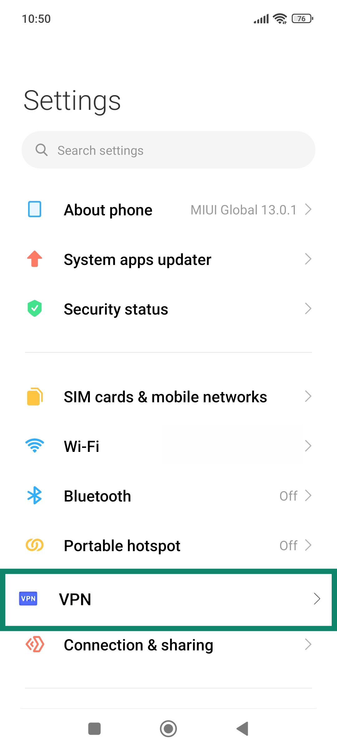 Android Settings page showing the VPN option