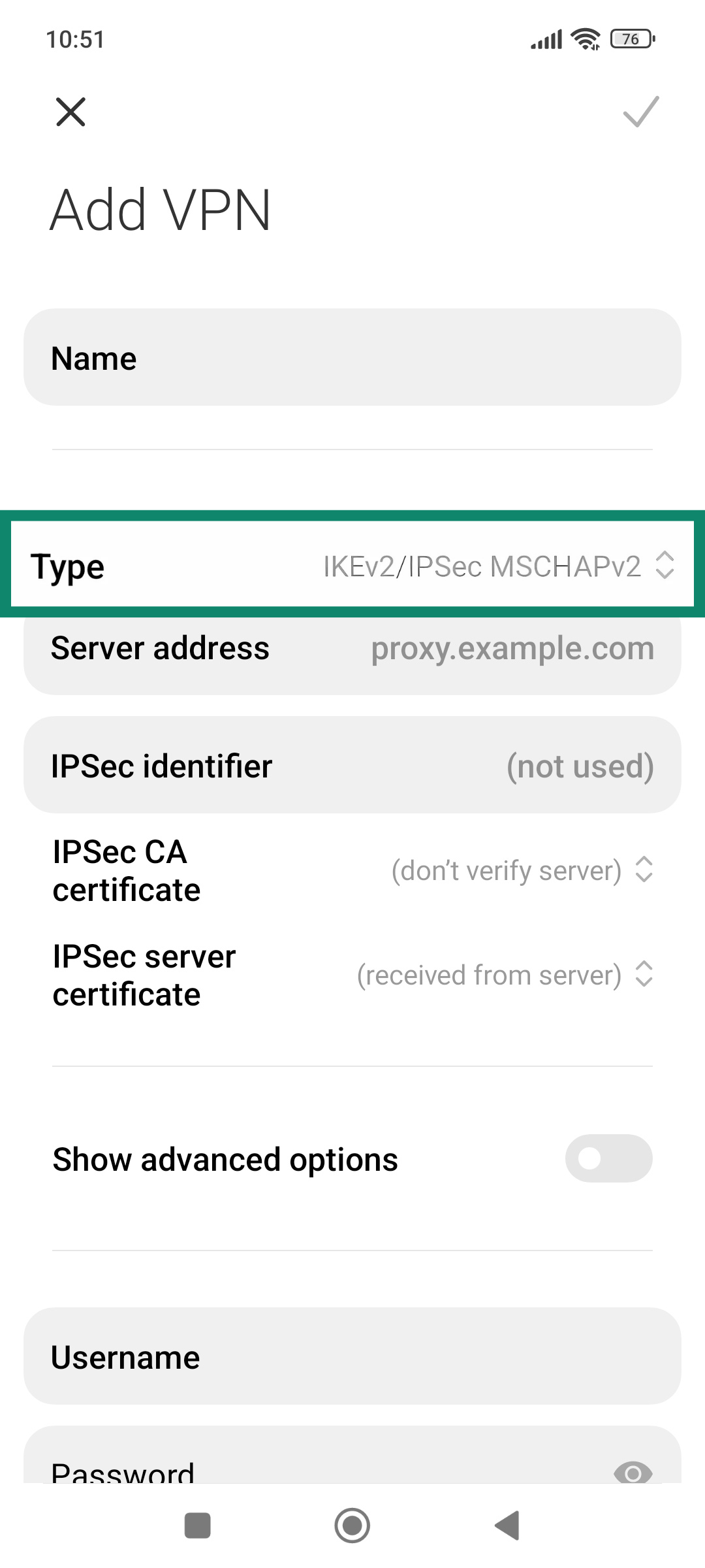 Android Add VPN options, with VPN protocol type highlighted