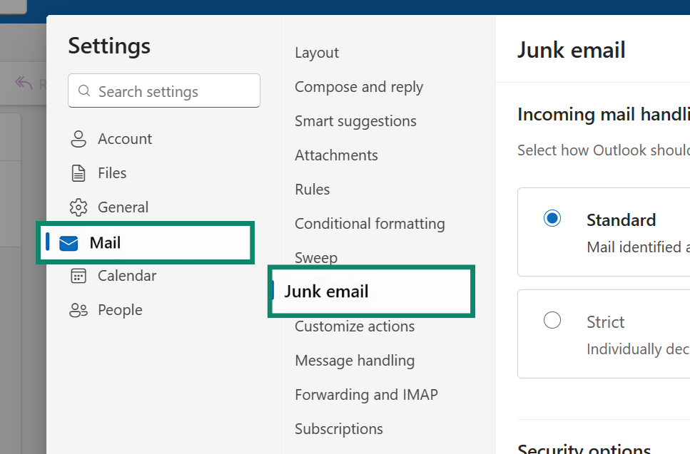 Outlook menu showing how to access Junk email settings.