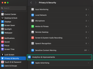 Mac System Settings Privacy & Security tab with Analytics & Improvements highlighted.