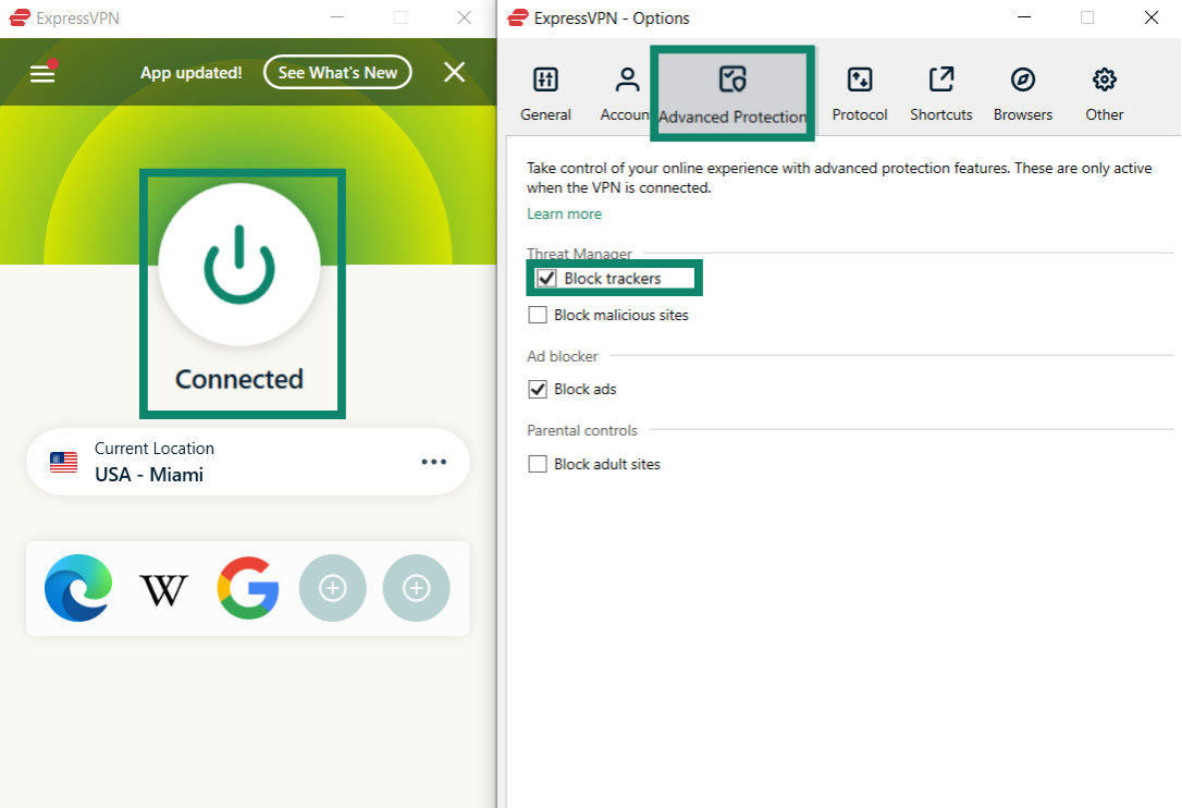 Connecting to a VPN while making sure tracker blocking is turned on.