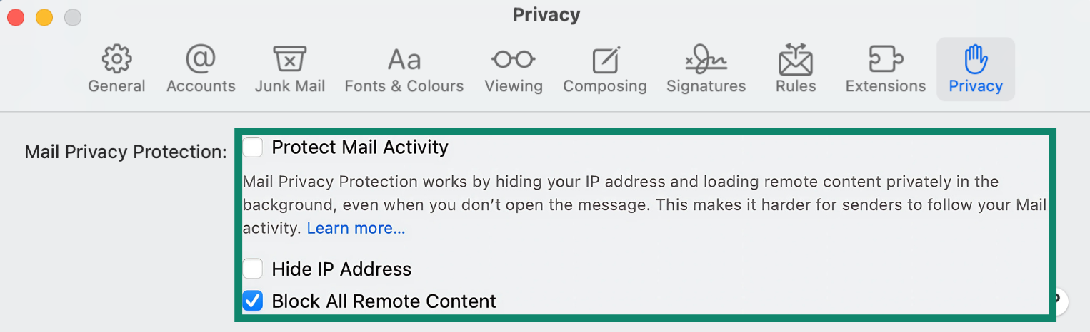 Apple Mail Privacy settings.