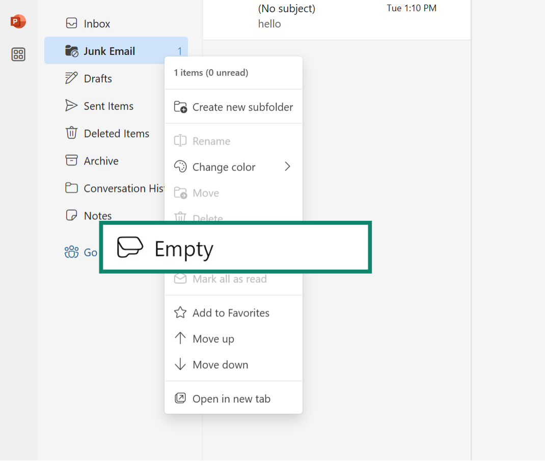 Outlook's email options, showing how to clear all emails from the junk folder.