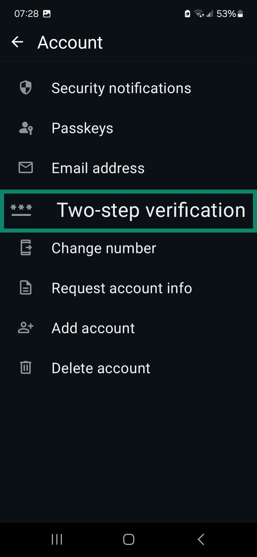 WhatsApp Account tab highlighting Two-step verification.