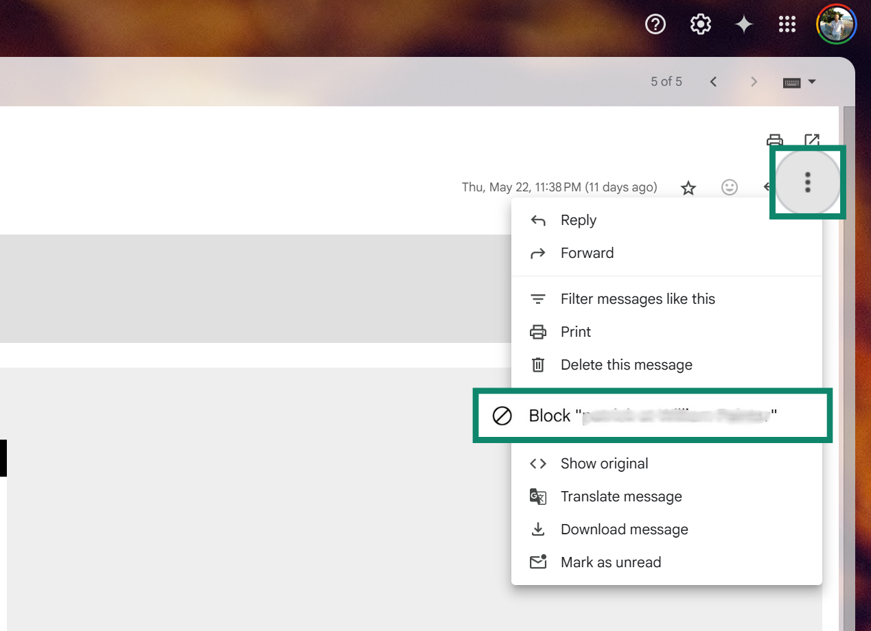 Gmail spam folder with the “Block <span highlighted.