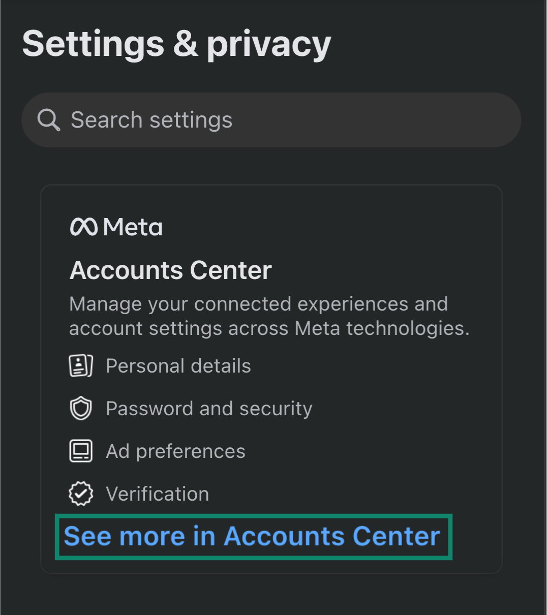 Facebook Meta Accounts Center console.
