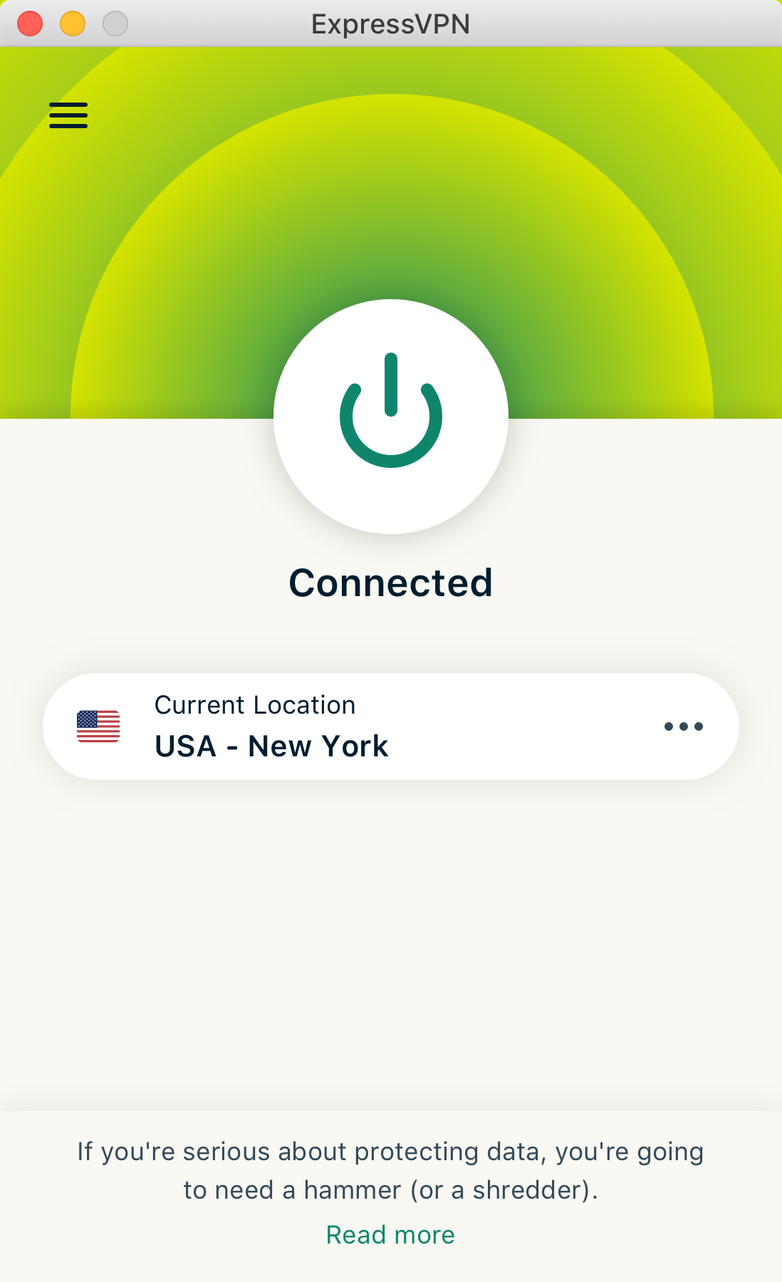 The ExpressVPN Mac client, showing an established VPN connection.