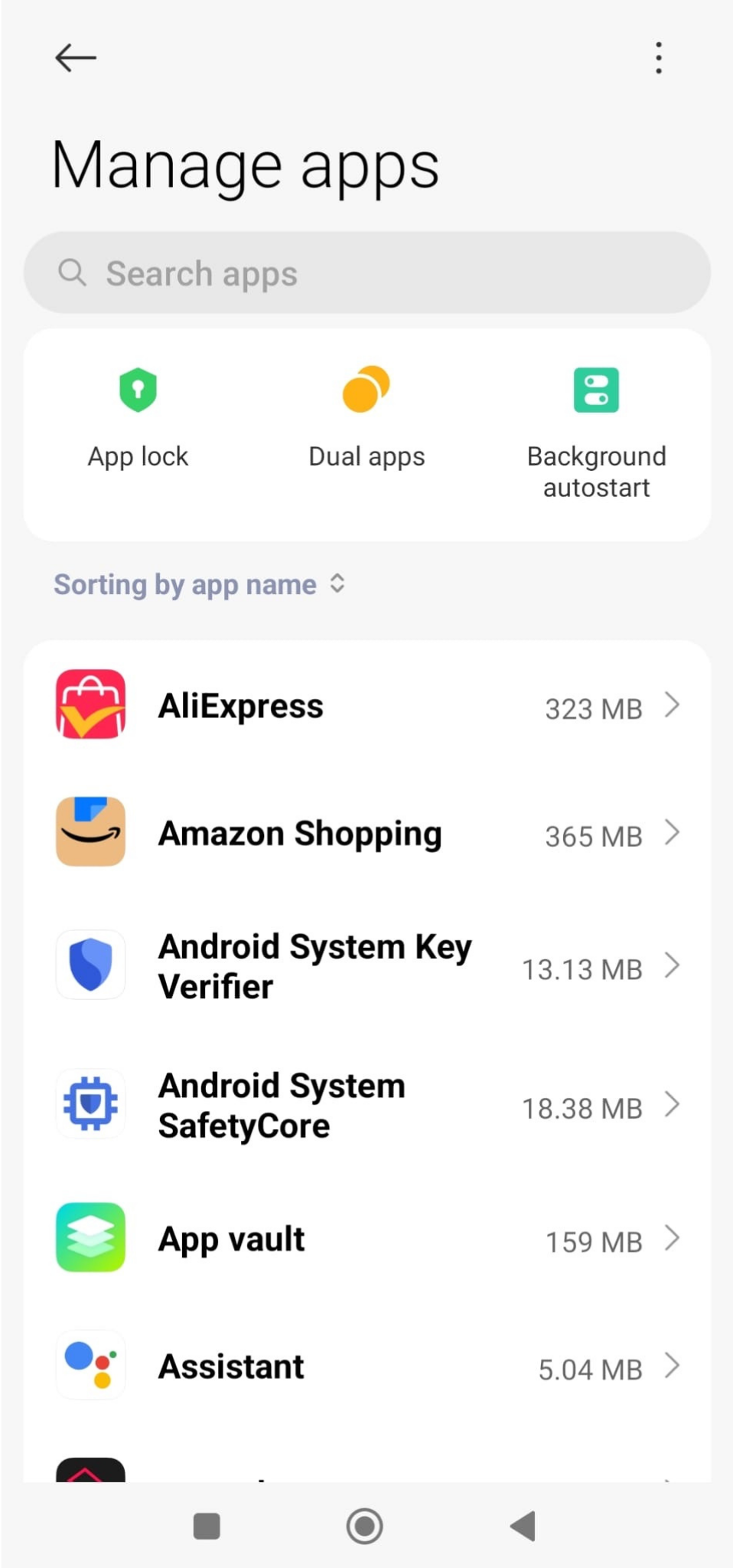 Manage apps screen showing list of installed Android apps with storage size