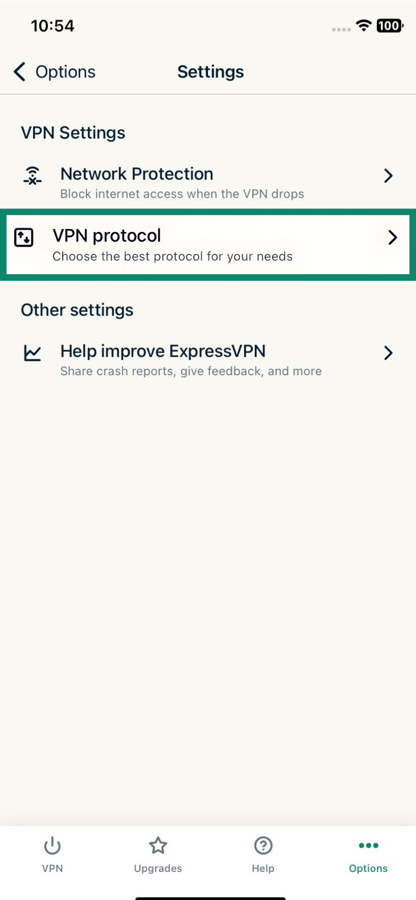 The VPN Settings page of the ExpressVPN iOS client, showing the VPN protocol option.
