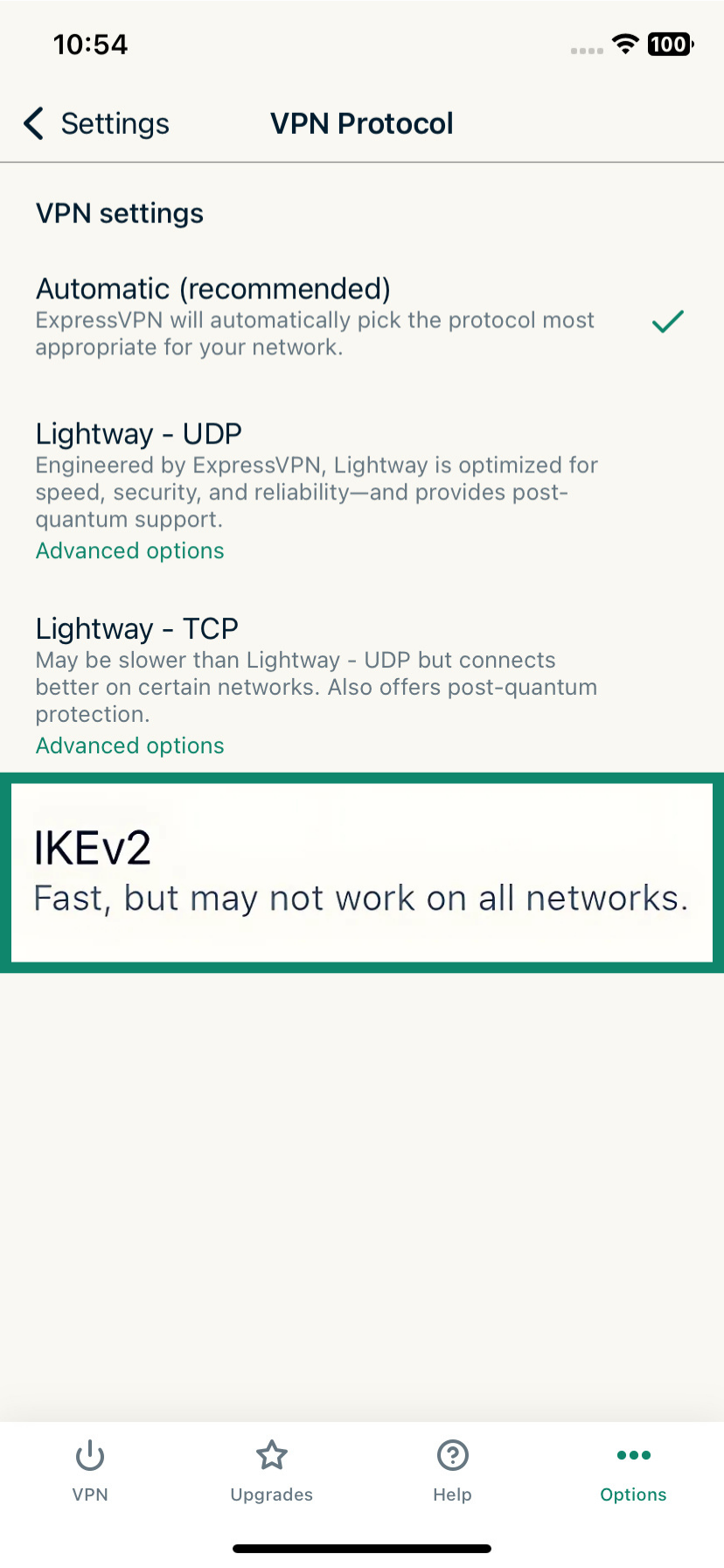 The Protocol page of the ExpressVPN iOS app, showing the IKEv2 option.