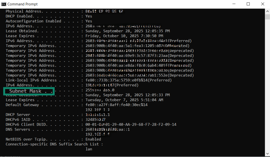 Windows Command Prompt showing the Subnet Mask value highlighted.