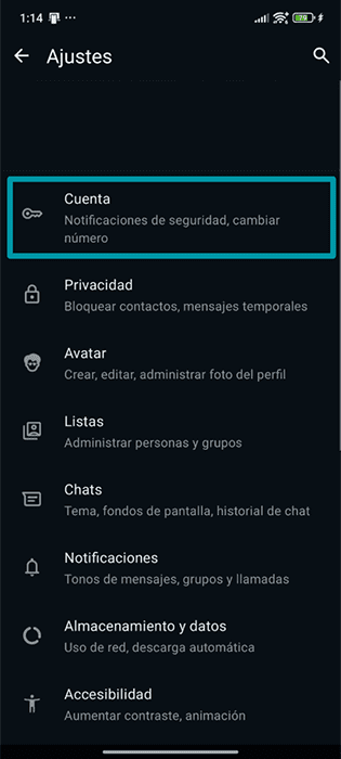 A screenshot of the WhatsApp settings menu, showing the Account button.