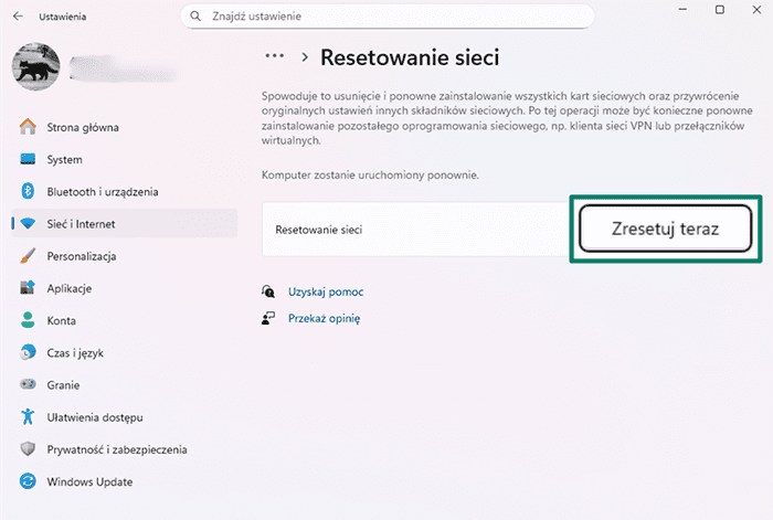 The Windows Network reset page.