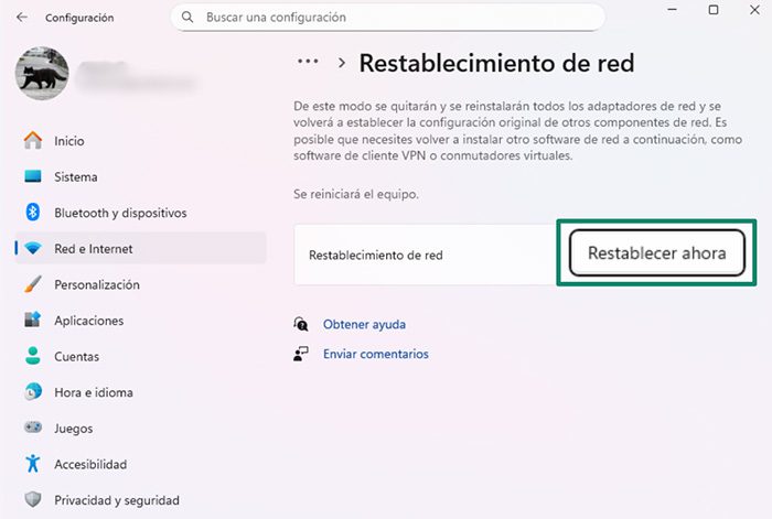 The Windows Network reset page.