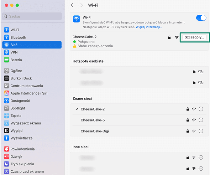 The Mac Wi-Fi settings page, with known networks listed and the Details button highlighted.
