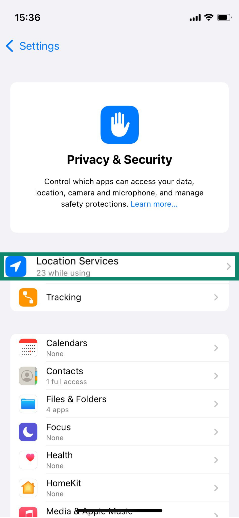 iPhone Privacy & Security screen, showing how to access location services.