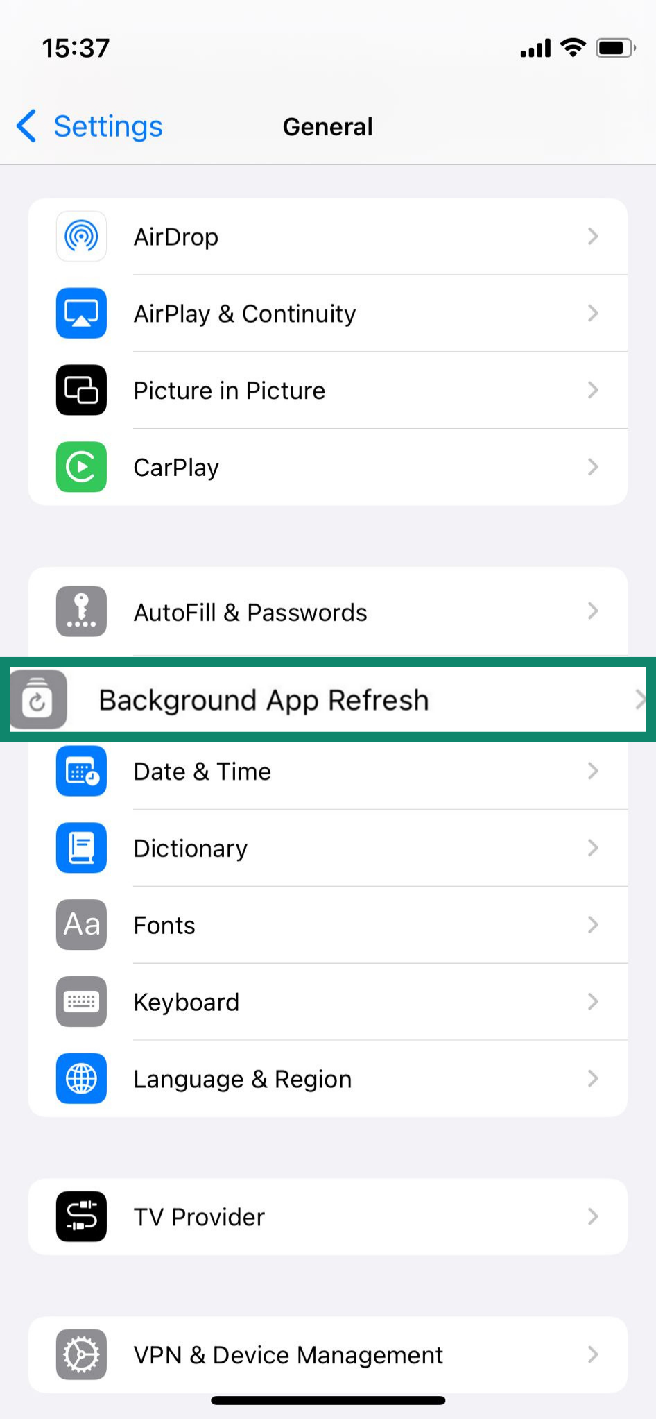 iPhone's General settings, showing how to access Background App Refresh options.