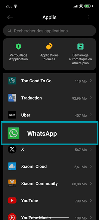 The Apps menu of an Android phone, showing the WhatsApp app icon.