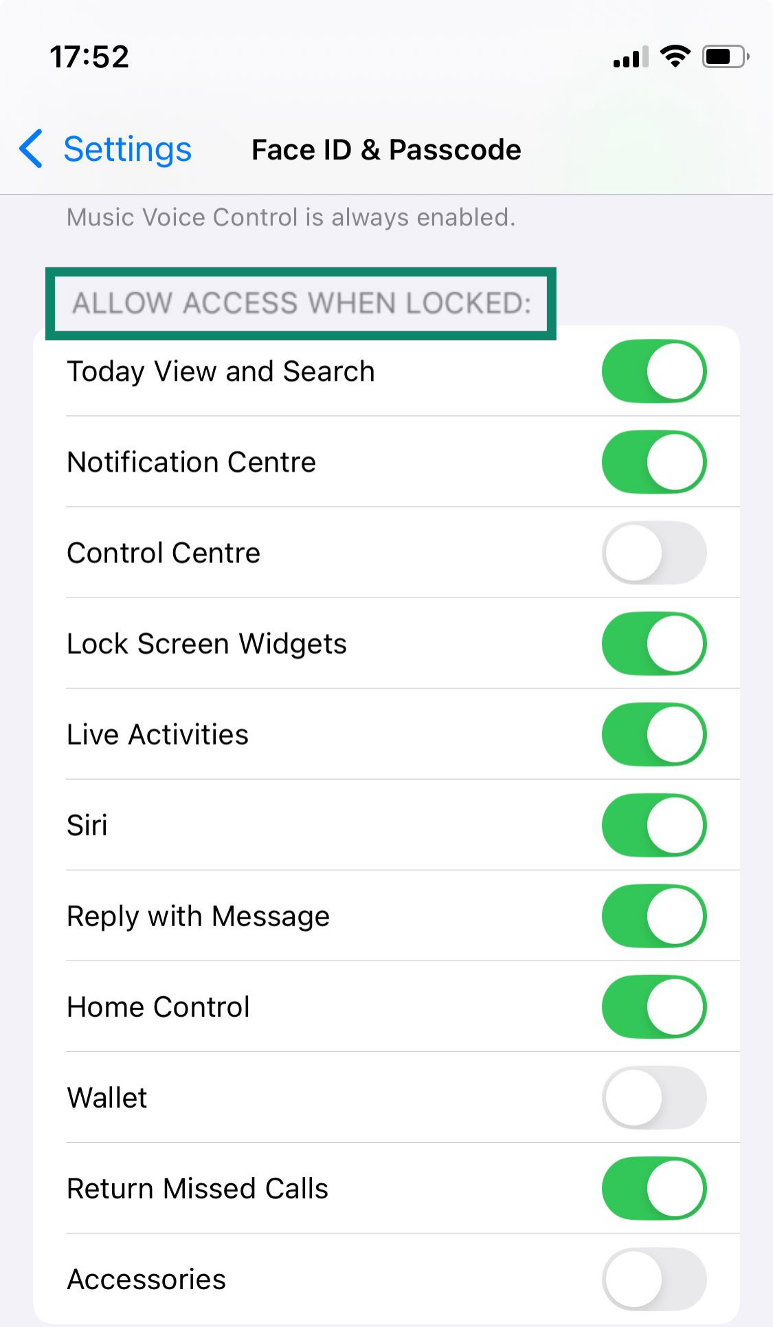 The Face ID & Passcode settings page on iPhone, highlighting how users can toggle various features on and off when the device is locked.