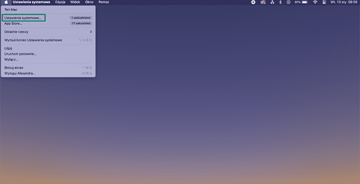 A Mac desktop showing the Apple menu dropdown, with System Settings highlighted.