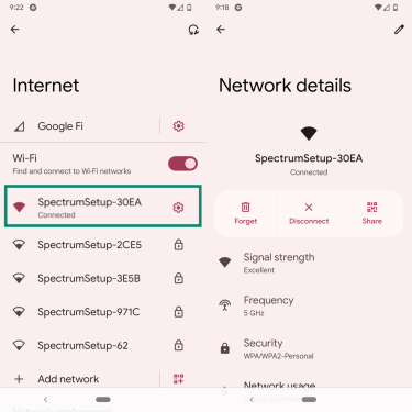 Wi-Fi list and network details.