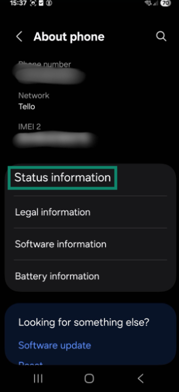 The About phone page on an Android with Status information highlighted.