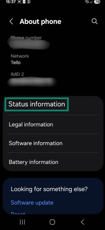 The About phone page on an Android with Status information highlighted.