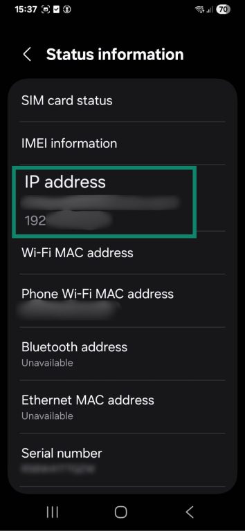 An Android phone displaying its local IP address.