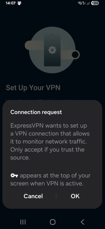The ExpressVPN app's prompt to allow for VPN connections.