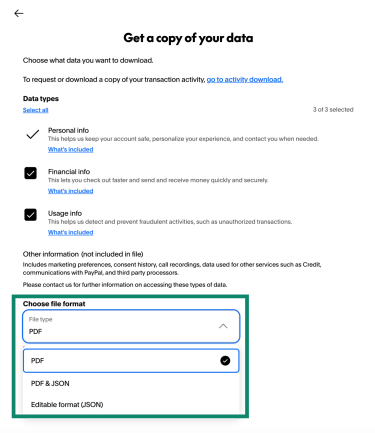 The Get a copy of your data PayPal screen, showing the option to choose a file format to download.