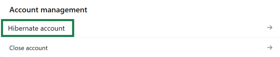 The "Account management" section of LinkedIn settings, with the "Hibernate account" option highlighted.