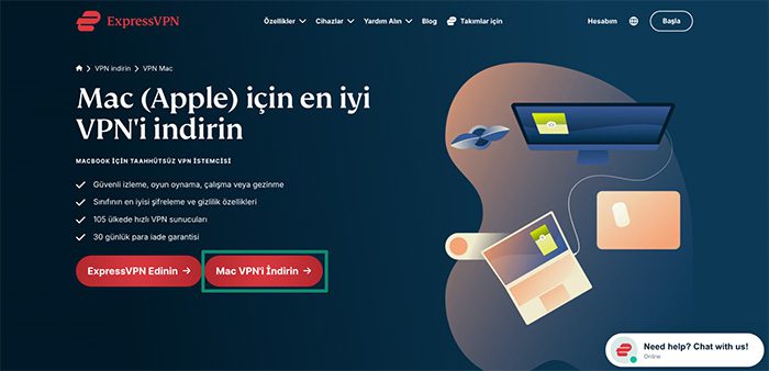 ExpressVPN download page for the Mac app, with a highlighted "Download Mac VPN" button.