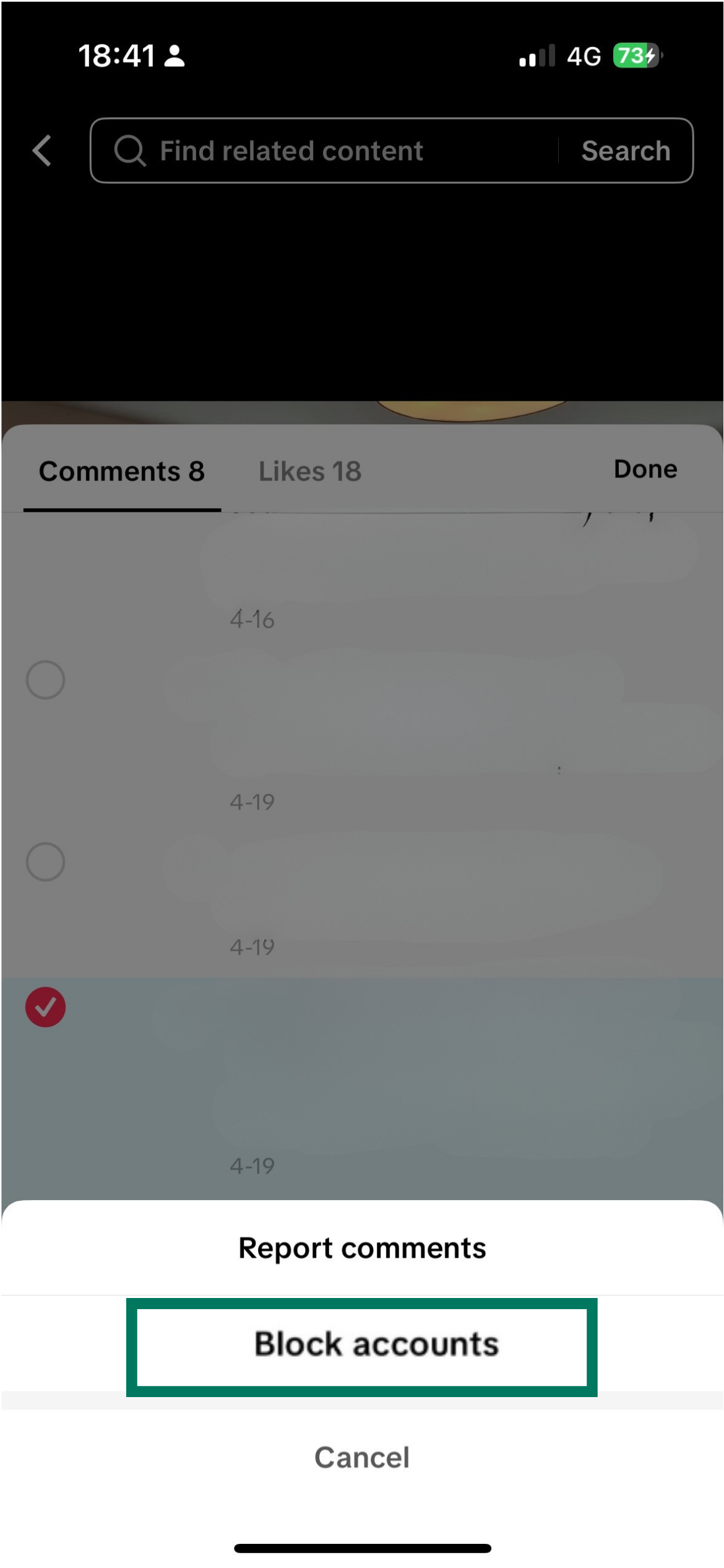 TikTok comment list with multiple comments selected and Block accounts option highlighted