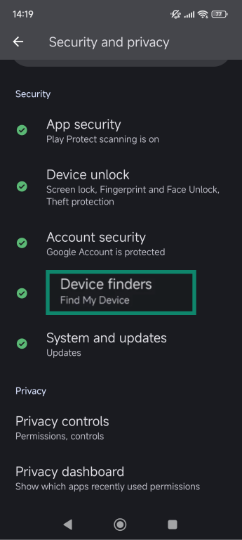 Android Security and privacy menu with the Find My Device option highlighted