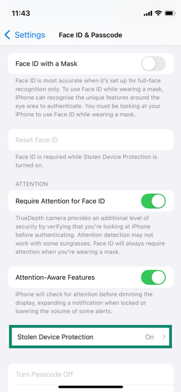 The Stolen Device Protection settings on an iPhone.