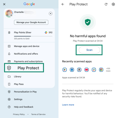 Side-by-side screenshots of the Google Play Store on Android, showing how to find the ‘Play Protect’ feature and run a security scan for apps.