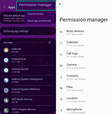 Side-by-side screenshots of an Android phone’s settings, highlighting the ‘Permission manager’ used to control app access to data like camera and location.