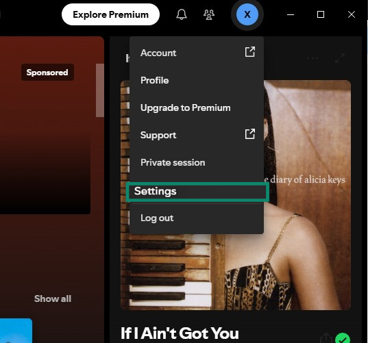 Spotify desktop app user profile menu with Settings highlighted.