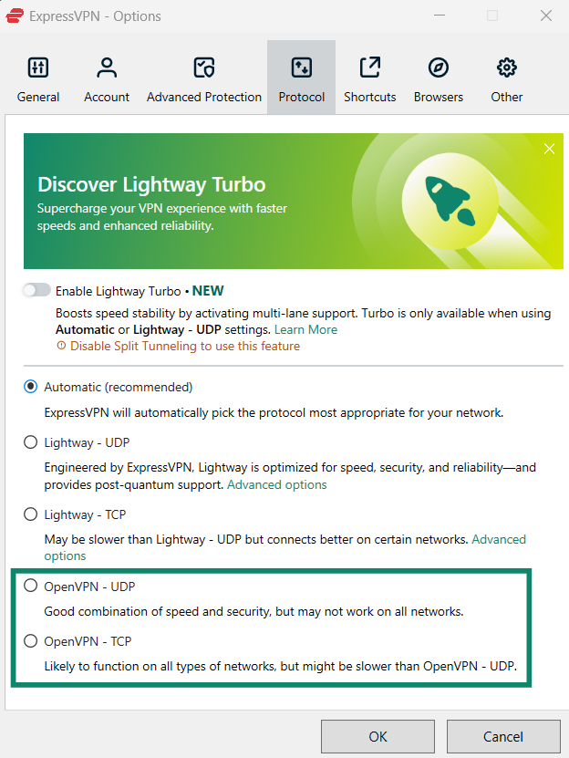 Choosing one of the available OpenVPN protocols in ExpressVPN's app.