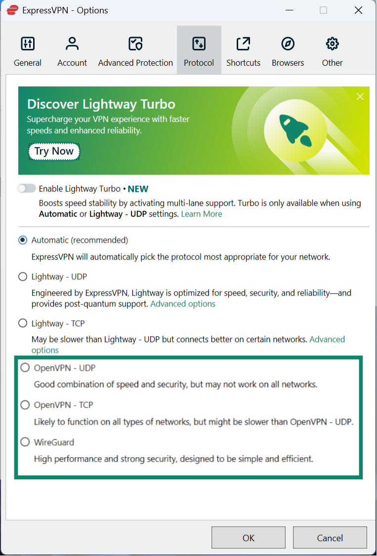 Choosing a protocol (OpenVPN vs. WireGuard) on the ExpressVPN app for Windows.
