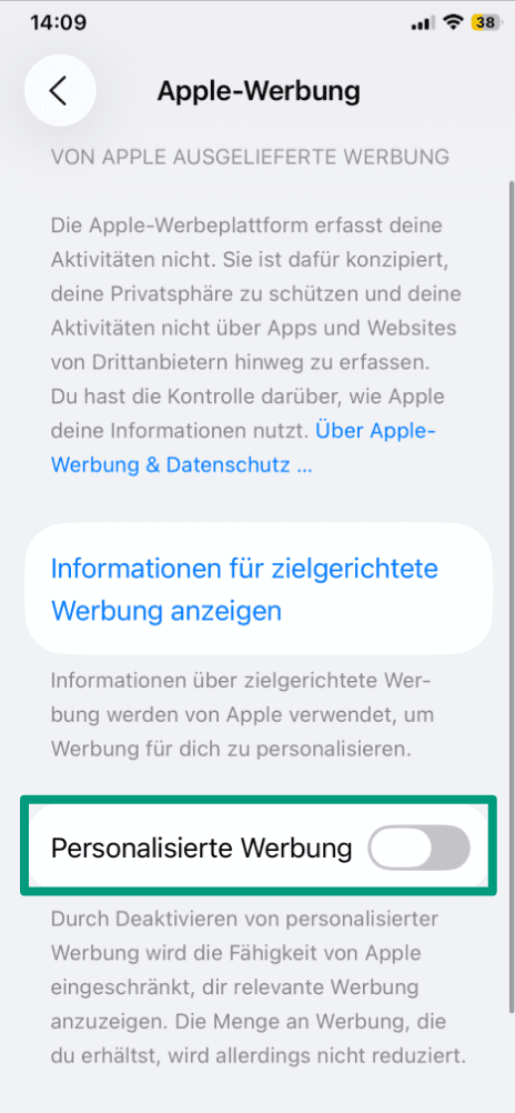 Screenshot of the iPhone Apple Advertising menu showing the “Personalized Ads” toggle switched off.