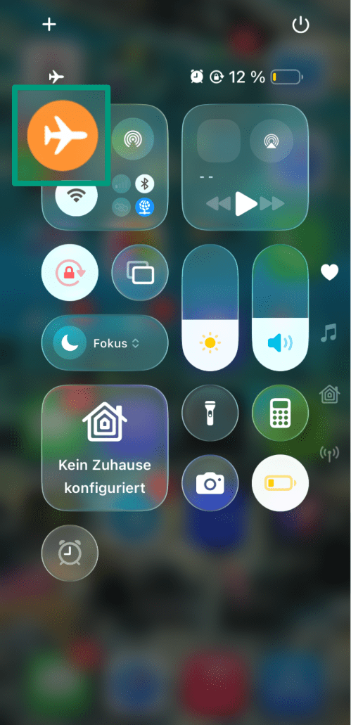 Screenshot of the iPhone Control Center with Airplane Mode enabled