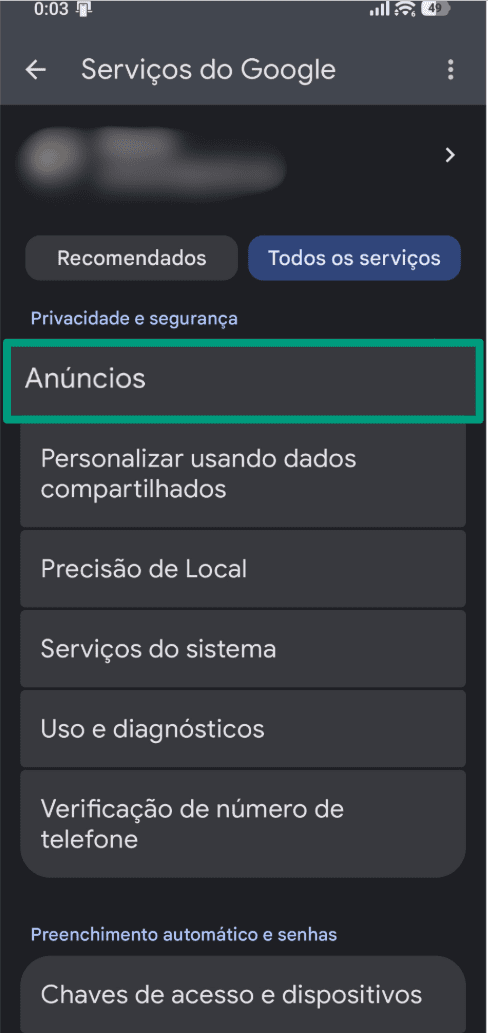 A screenshot of the Android Settings app, showing the Ads menu option.