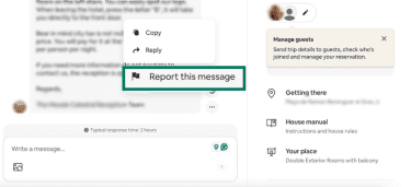 Airbnb Messages screen showing Report this message function.