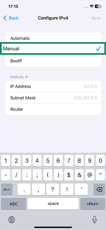 iOS Configure IPv4 menu with the option to manually select IP address highlighted