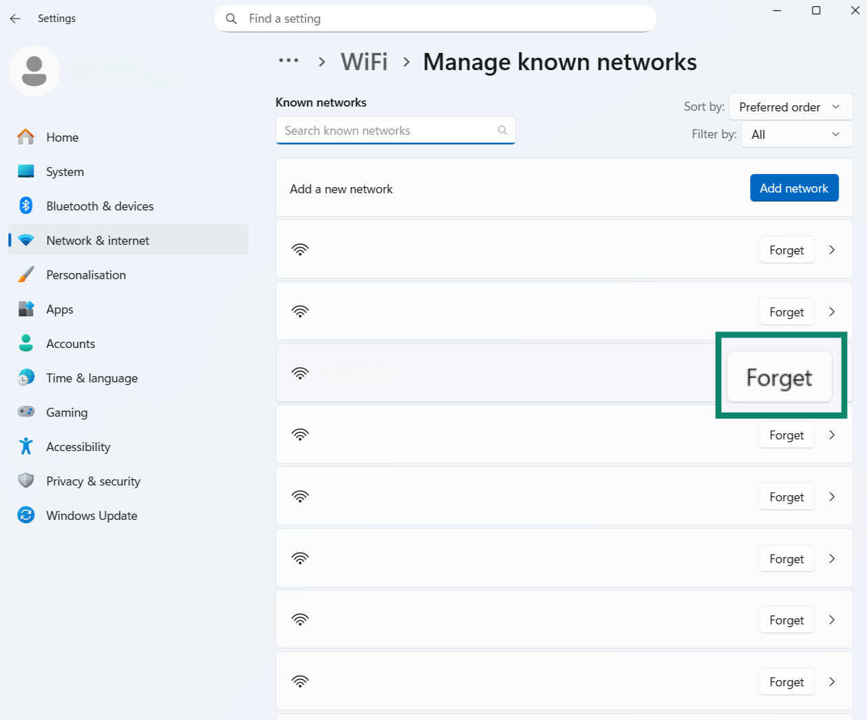 A screenshot of the Manage known networks page in the Windows Settings app, showing the option to forget a network.