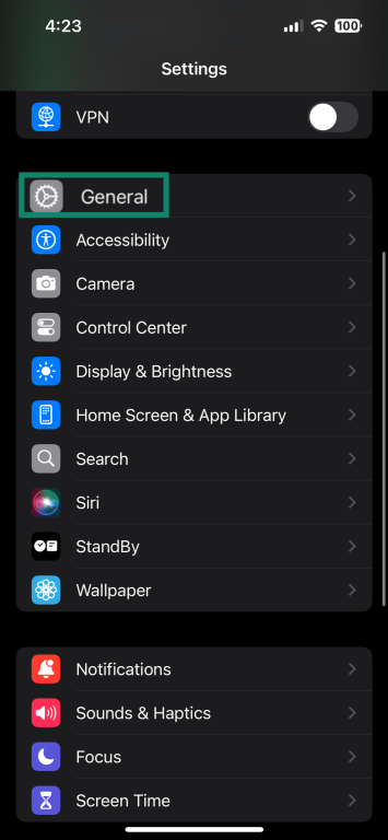 Screen showing iPhone's setting's menu