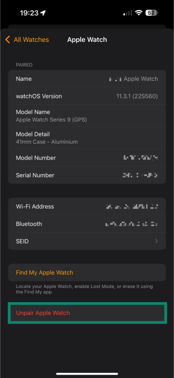 The information tab for an Apple Watch device in the Apple Watch app. The "Unpair Apple Watch" button at the bottom is highlighted.