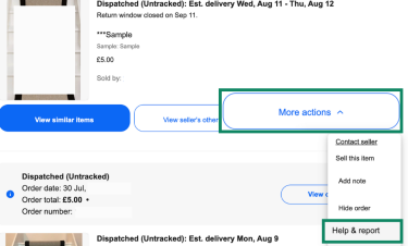 eBay Purchase History page showing the “More actions” menu open with the Help & report option